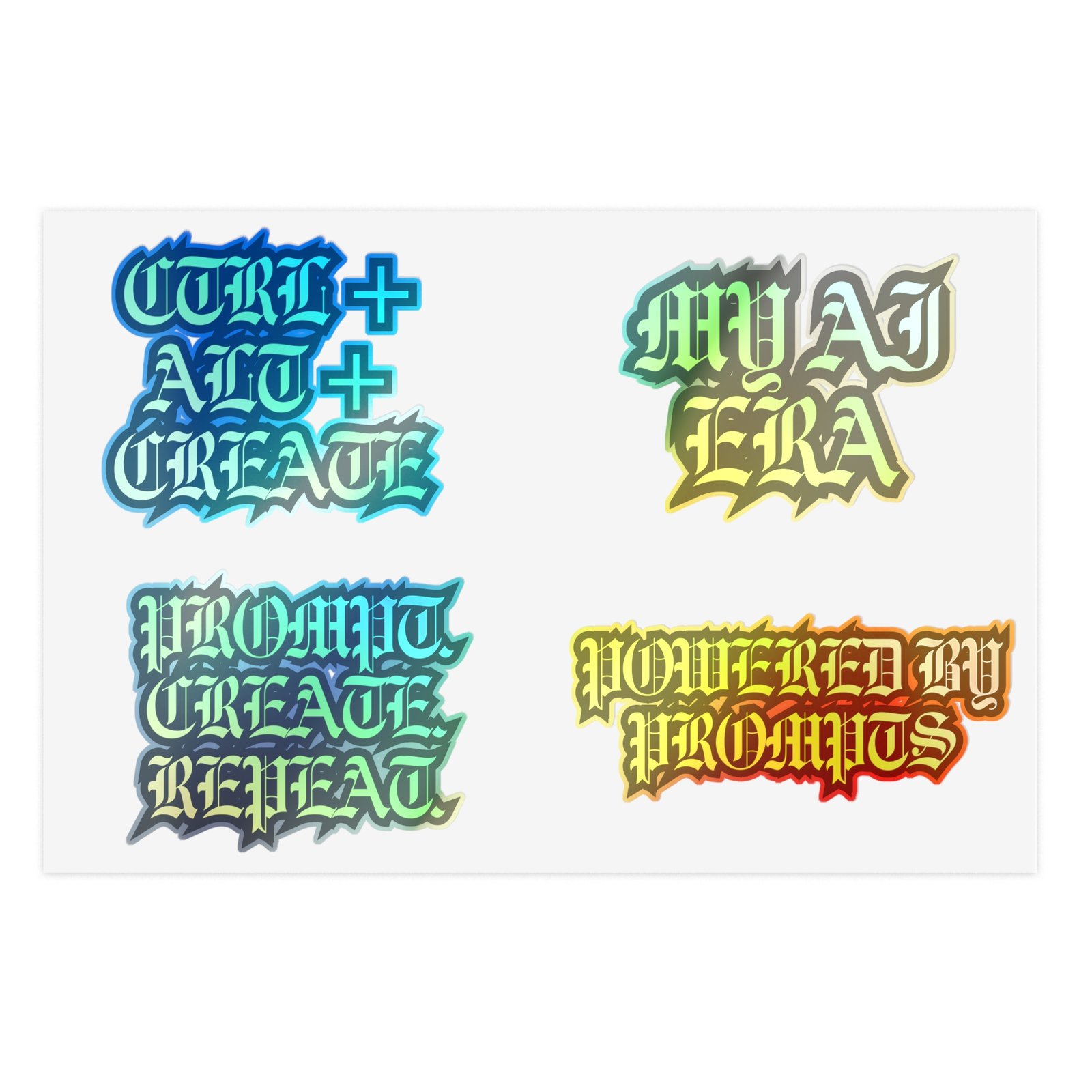Retro Gothic Sticker Sheet — 'CTRL ALT CREATE', 'PROMPT CREATE REPEAT', 'MY AI ERA', 'POWERED BY PROMPTS' (5-Pack)